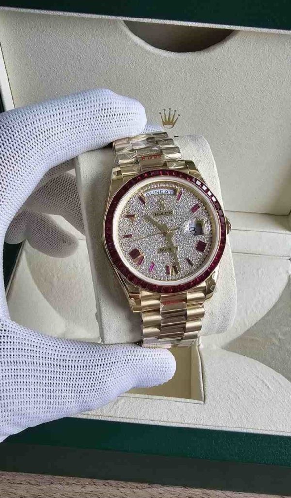 Rolex Day-Date 40 Diamond Pave Sapphire Bezel Mens Watch