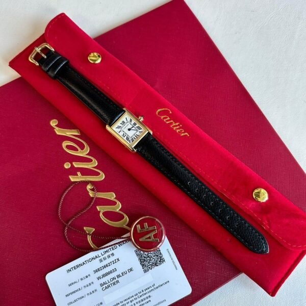 Cartier Tank Louis Yellow Gold Black leather White Roman Dial