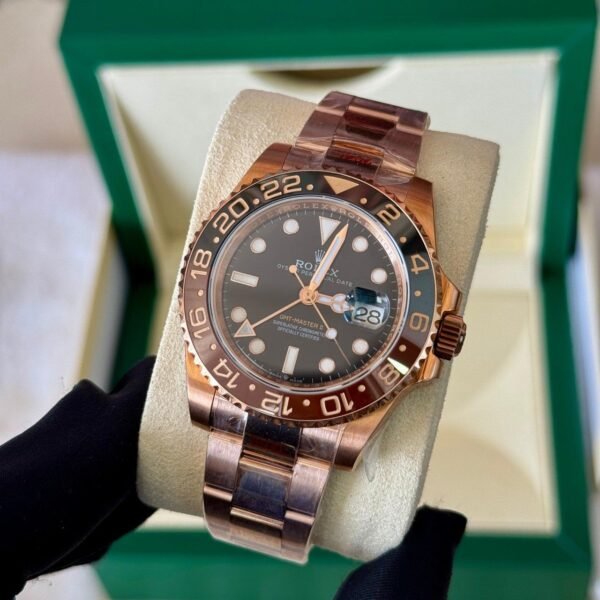 Rolex GMT Master II Root Beer Rose Gold Black Dial 40mm